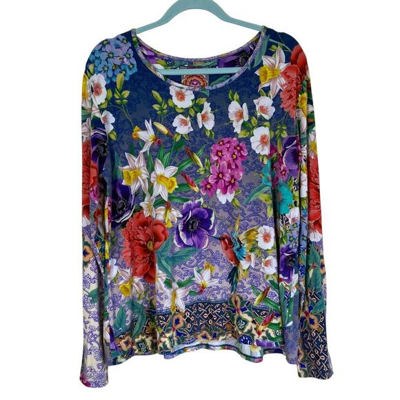 Johnny Was Sz M Sunrise Favorite Top Floral Hummingbird Colorful Bright Bamboo - Picture 3 of 16